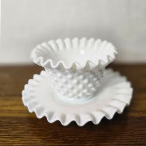 Fenton Hobnail Milk Glass Bud Vase with Ruffled Rim and Matching Saucer